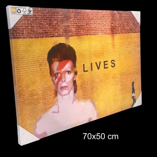 Cuadro en lienzo montado sobre bastidor David Bowie lives Aladdin Sane graffiti amarillo [2]