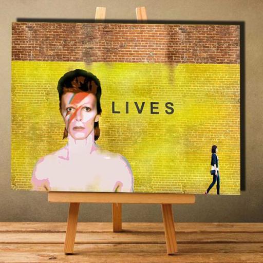 Cuadro en lienzo montado sobre bastidor David Bowie lives Aladdin Sane graffiti amarillo [1]
