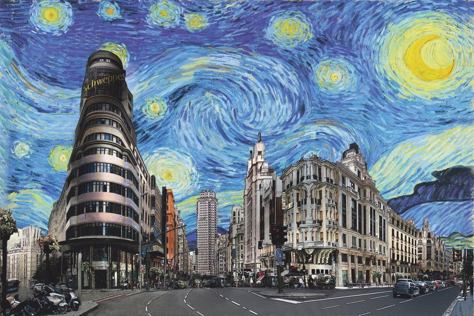 Cuadro en lienzo Gran Via de Madrid, Edificio Carrion, Impresionista. Diseño BSKT.