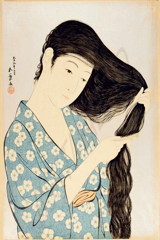 Cuadro lienzo pintura clásica japonesa mujer peinándose 