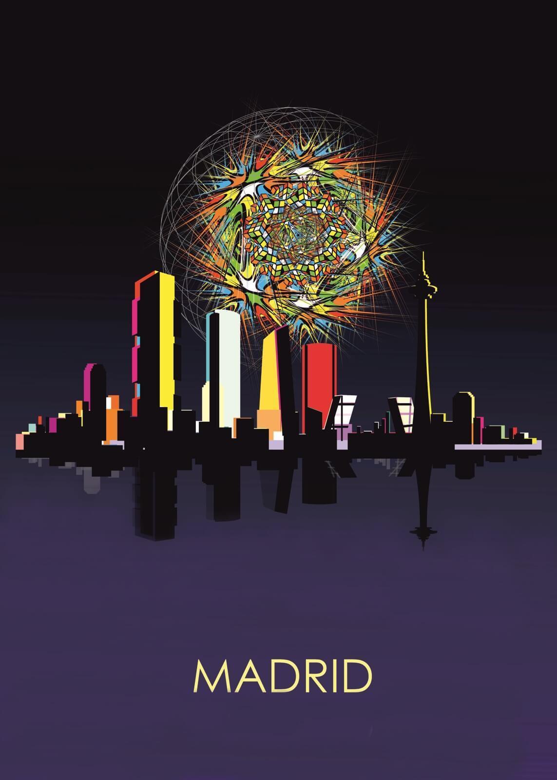 Cuadro de lienzo moderno sky line Madrid nocturno. Diseño exclusivo BSKT Madrid.