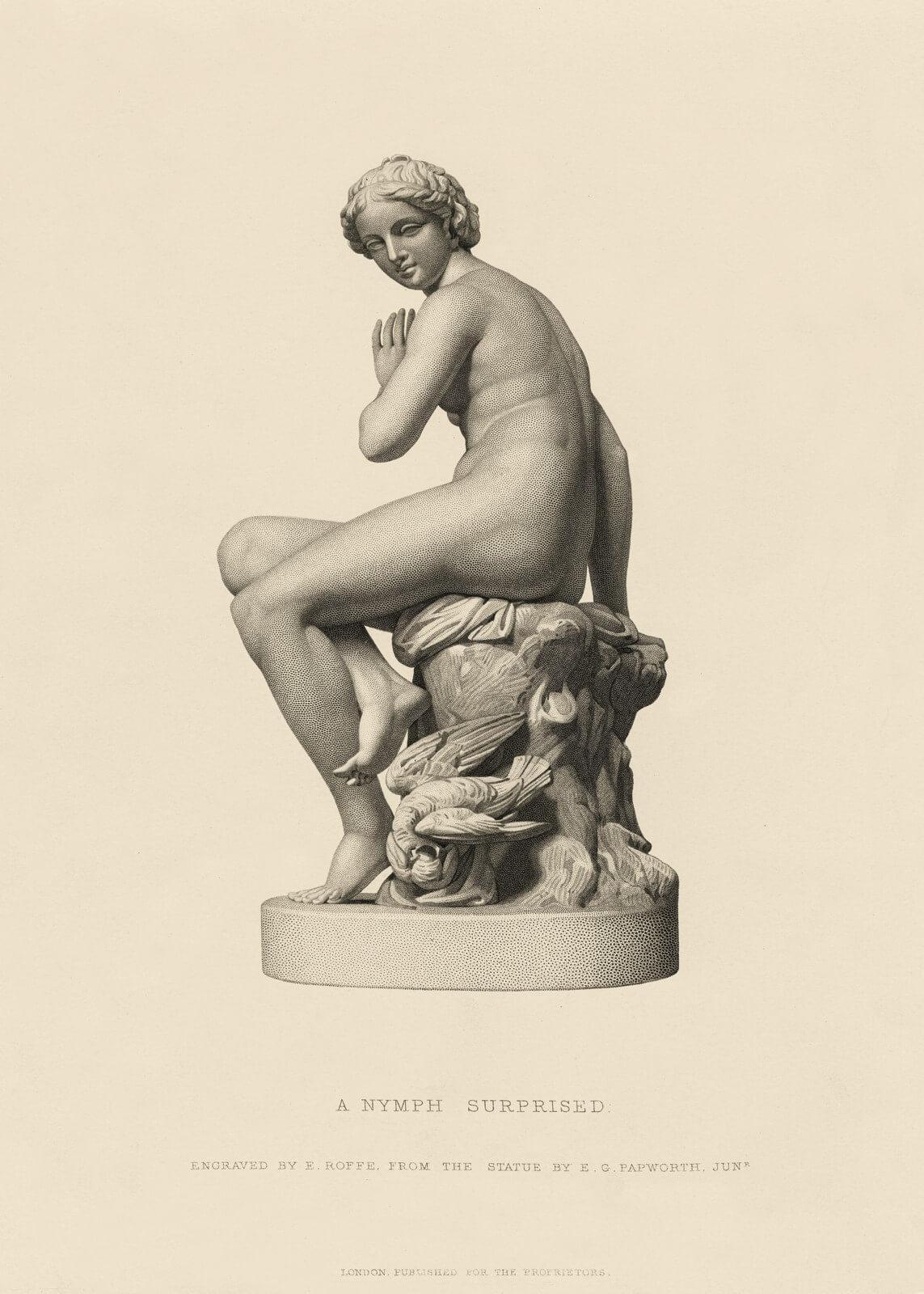 Cuadro en lienzo figura Ninfa sentada, escultura mármol blanco.  Mitología Griega.