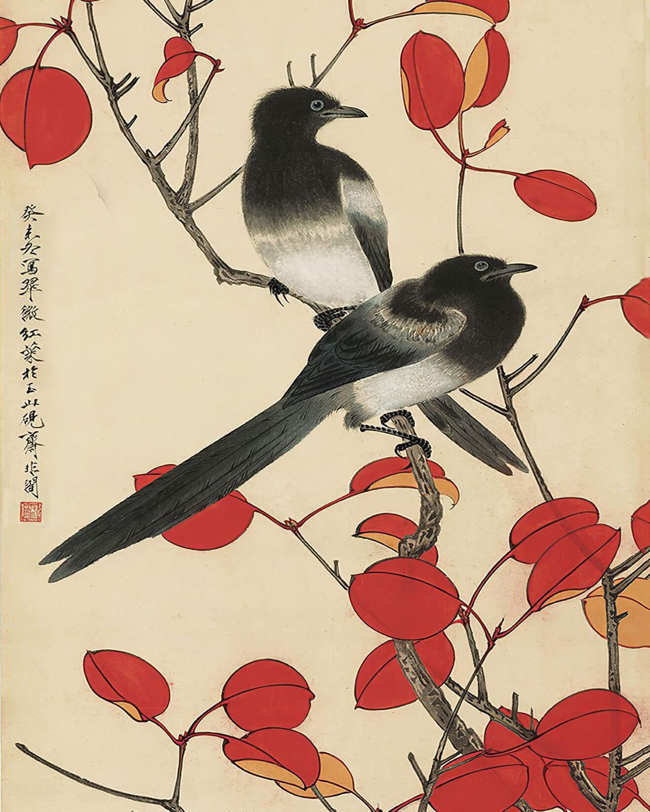 Cuadro en lienzo Pájaros en rama, Arte Japonés