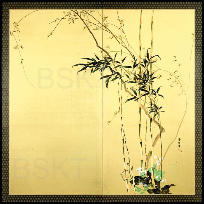 Cuadro en lienzo pintura japonesa fondo amarillo botánica