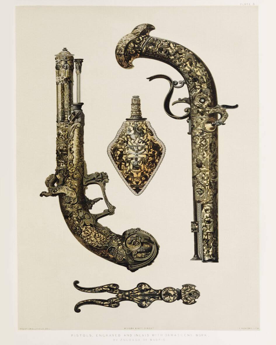 Cuadro con lámina de Pistolas Antiguas para decoración, Marco color Dorado.