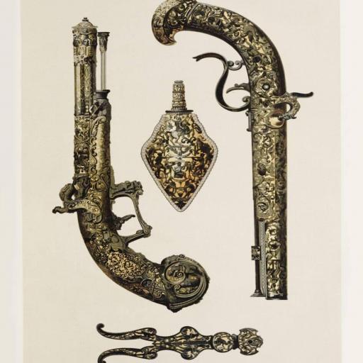 Cuadro con lámina de Pistolas Antiguas para decoración, Marco color Dorado.