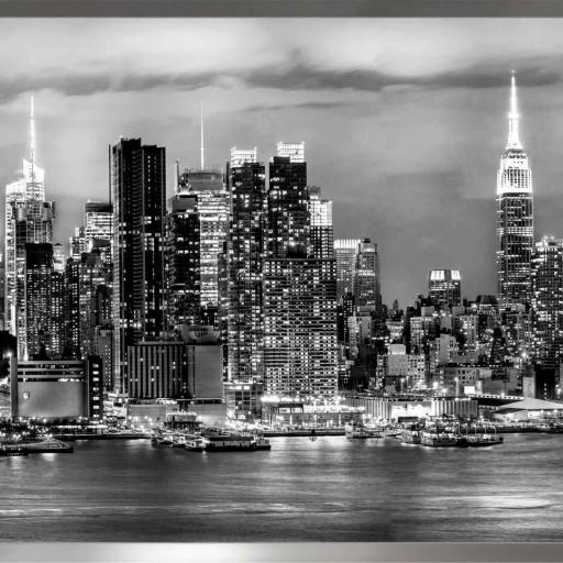 Cuadro con lámina de Skyline Nueva York, Blanco y Negro Alta Resolución,  Marco color Níquel.