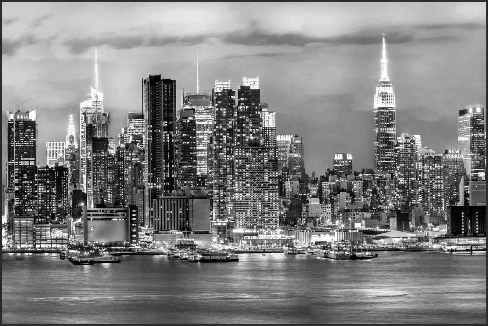Lienzo enmarcado en madera color negro Silueta Manhattan, fotografía Blanco y Negro.