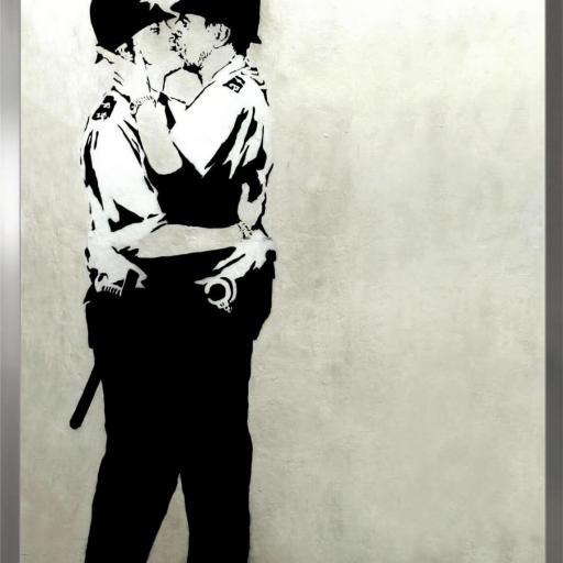 Cuadro con lámina de Banksy Policías Besándose, Arte Urbano Brighton 2004, Marco color Níquel. [0]