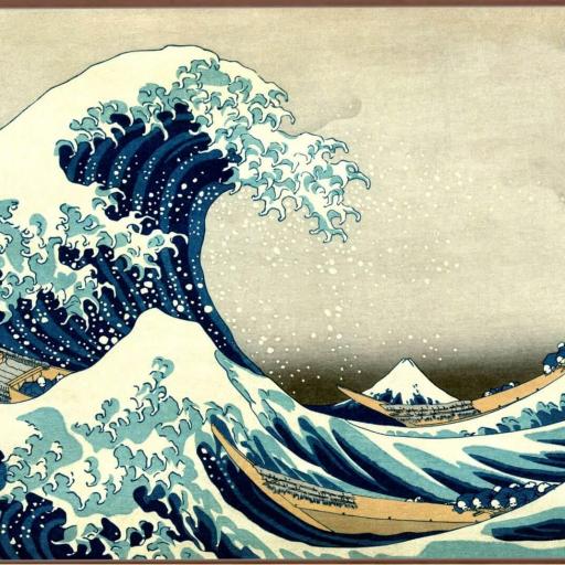 Lienzo enmarcado color Nogal claro La Gran Ola de Kanagawa, Arte Japonés [0]