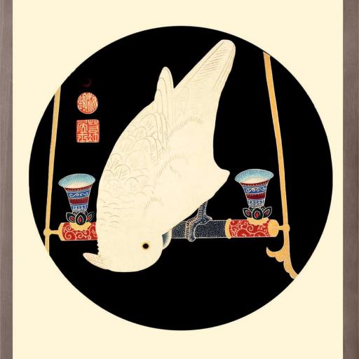 Cuadro con lámina de Loro Blanco Macaw, Arte Japonés Decorativo, Marco color Nogal.