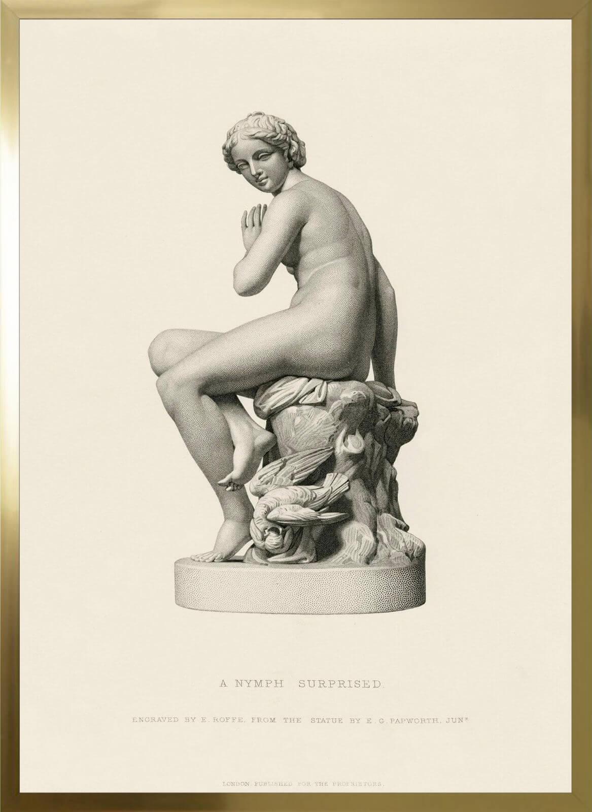 Cuadro con lámina de Ninfa Figura Escultura, Mitología Griega, Marco color Dorado.