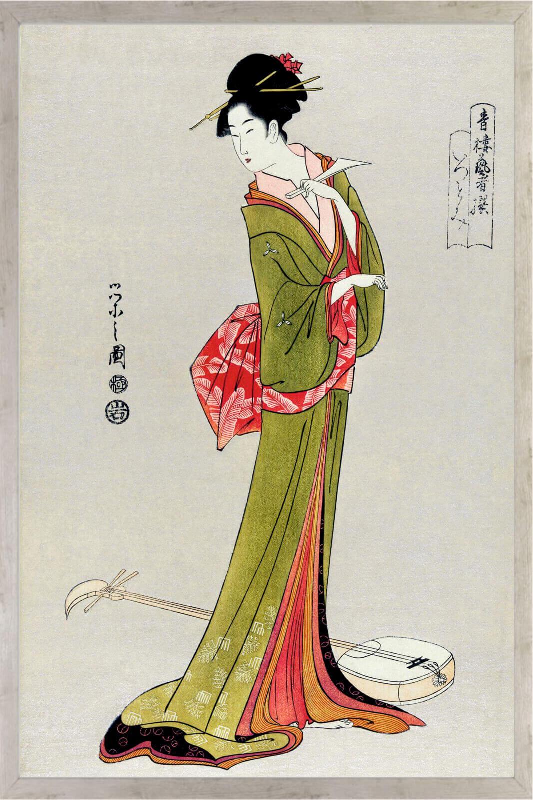 Cuadro con lámina de Figura Japonesa Arte Japonés Decorativo, Marco color Ceniza.