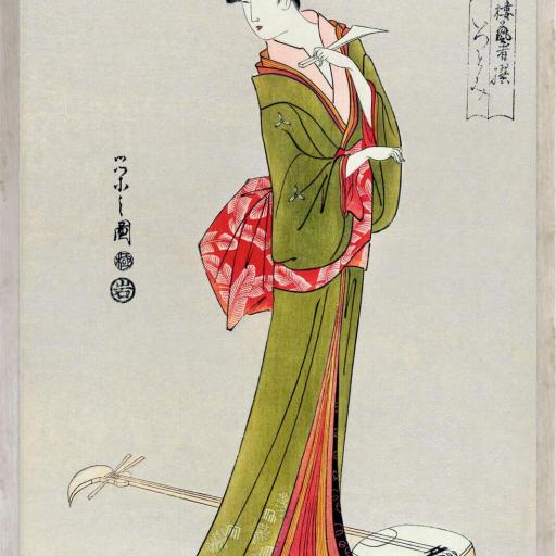Cuadro con lámina de Figura Japonesa Arte Japonés Decorativo, Marco color Ceniza.