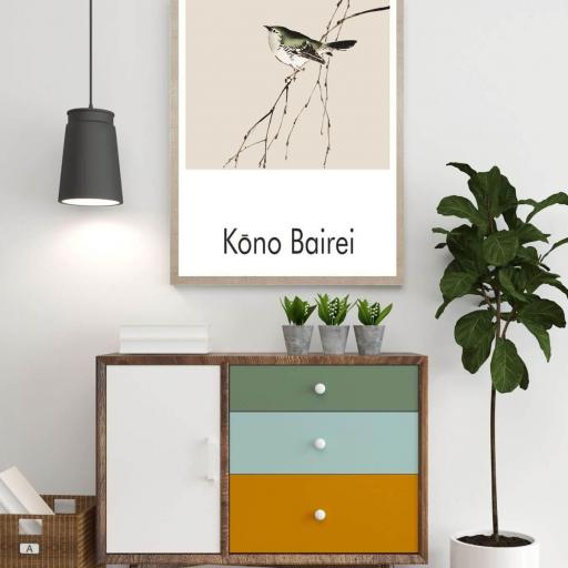 Cuadro con lámina de Pájaro Arte Japonés, Interiorismo Oriental, Marco color Roble. [1]