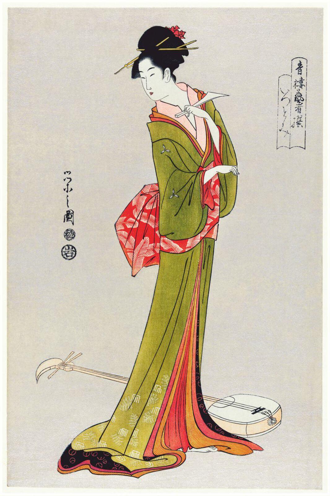 Lienzo enmarcado en madera color Blanco Arte Japonés, Geisha. Decorativo