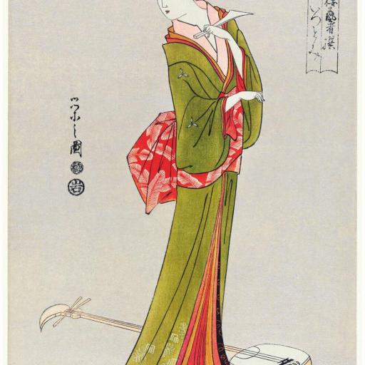 Lienzo enmarcado en madera color Blanco Arte Japonés, Geisha. Decorativo