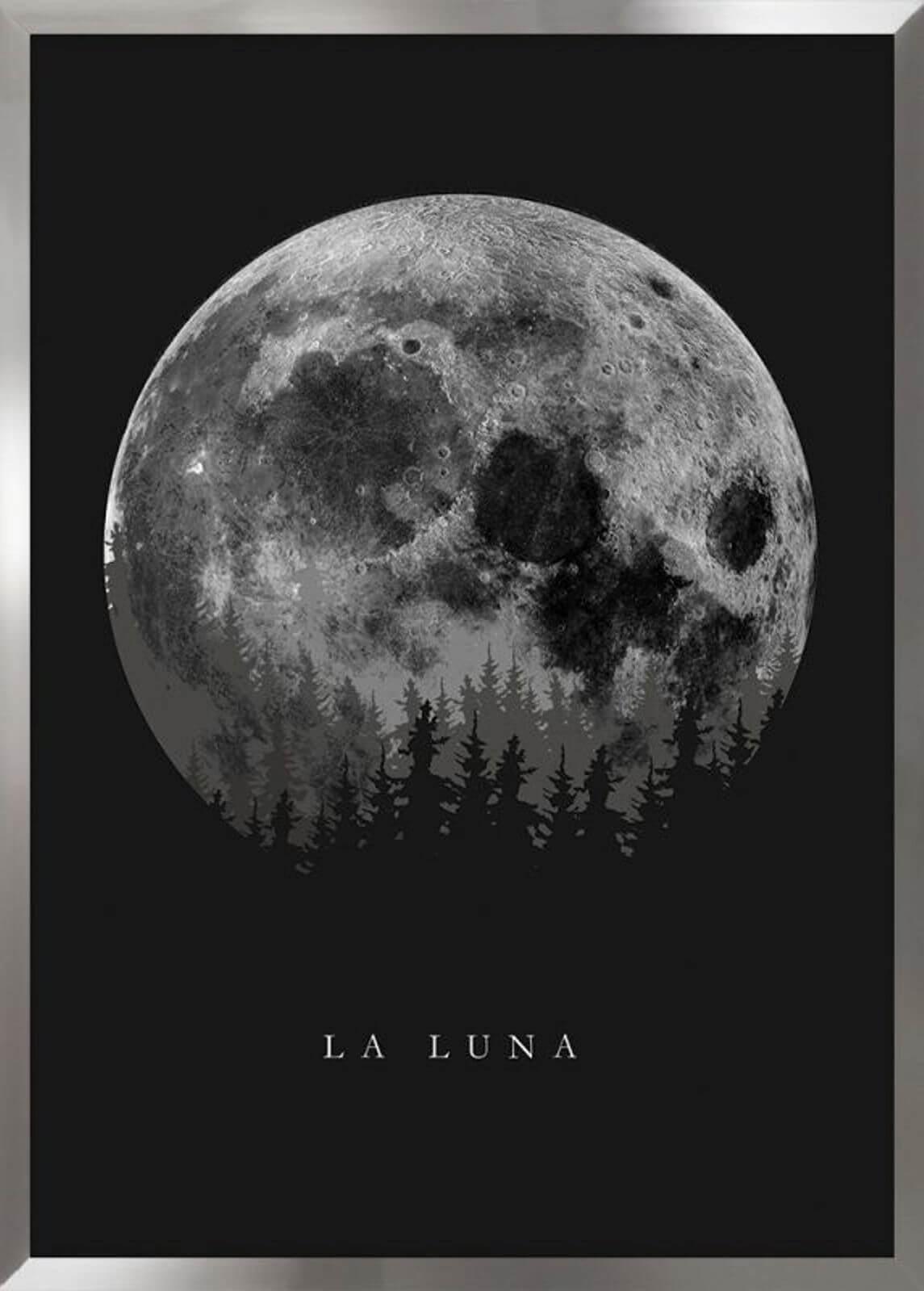 Marco con lámina de Luna LLena Paisaje Blanco y Negro, Decoración Nórdica, Marco color Níquel.