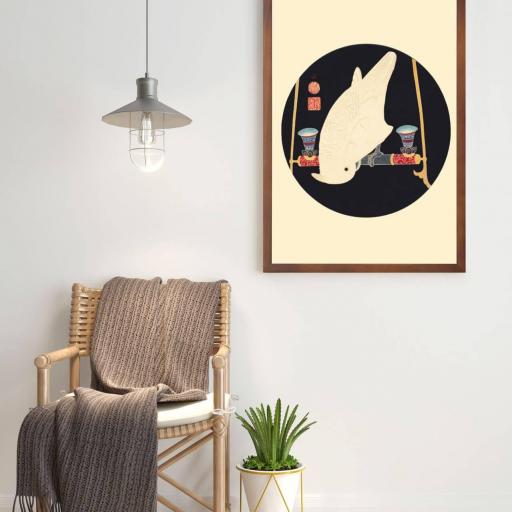 Cuadro con lámina de Loro Blanco Macaw, Arte Japonés Decorativo, Marco color Nogal. [1]
