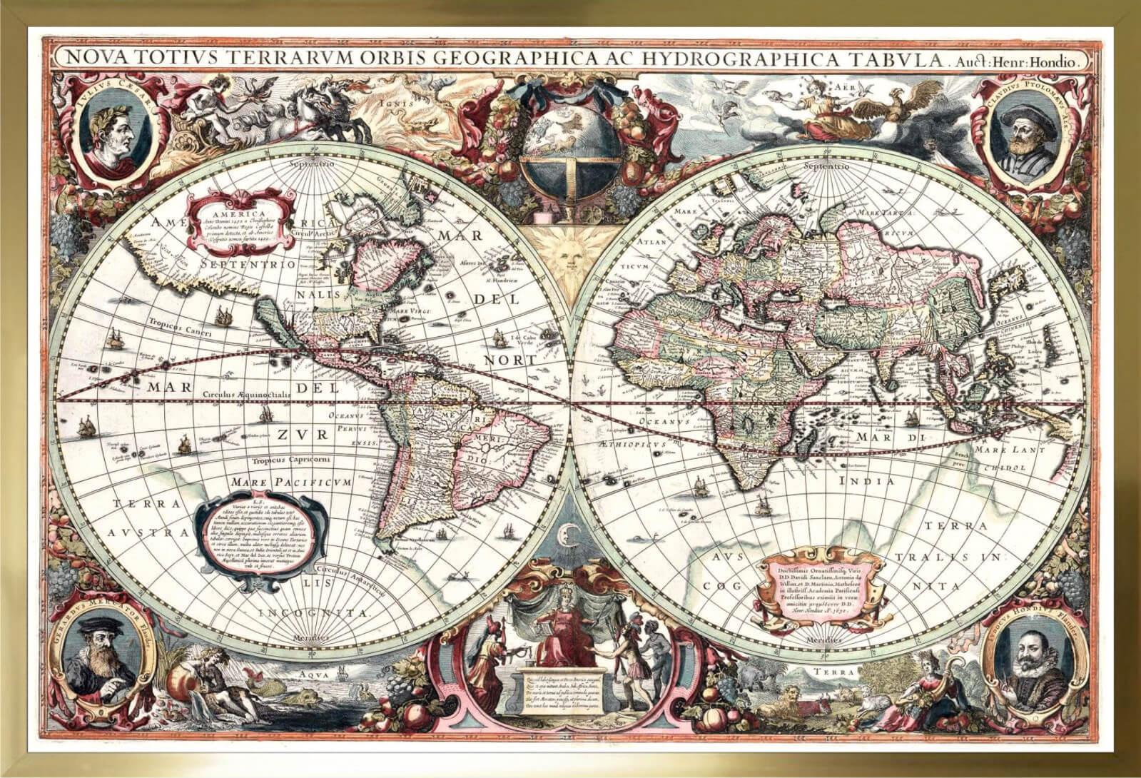 Cuadro con lámina cartografía mapa vintage Orbis Tabula Siglo XVII, Interiorismo Conservador, Marco color Dorado.