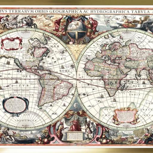 Cuadro con lámina cartografía mapa vintage Orbis Tabula Siglo XVII, Interiorismo Conservador, Marco color Dorado. [0]
