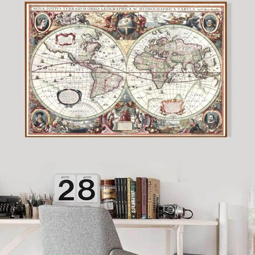 Lienzo enmarcado en madera color Nogal claro Orbis Tabula, mapas vintage. [1]