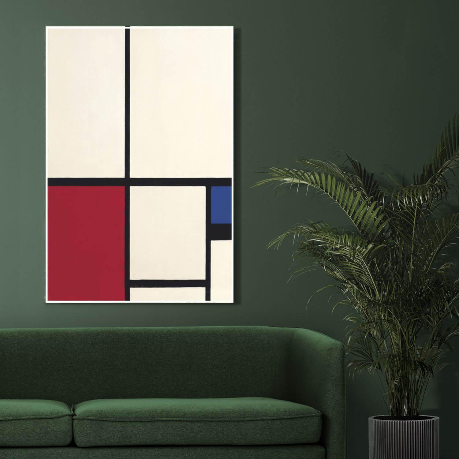 Lienzo enmarcado en madera color Blanco, Composición Azul, Rojo, Mondrian