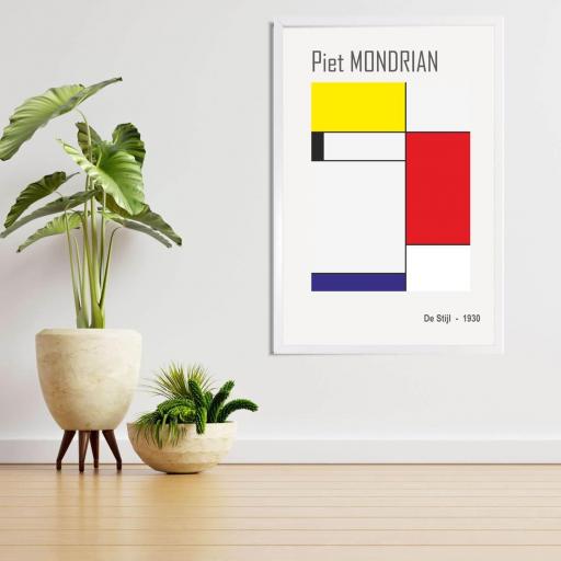 Cuadro con lámina de Arte Moderno/ Neoplasticismo Piet Mondrian, Composición Rojo Azul y Amarillo, Moma NY, Marco color Blanco. [1]