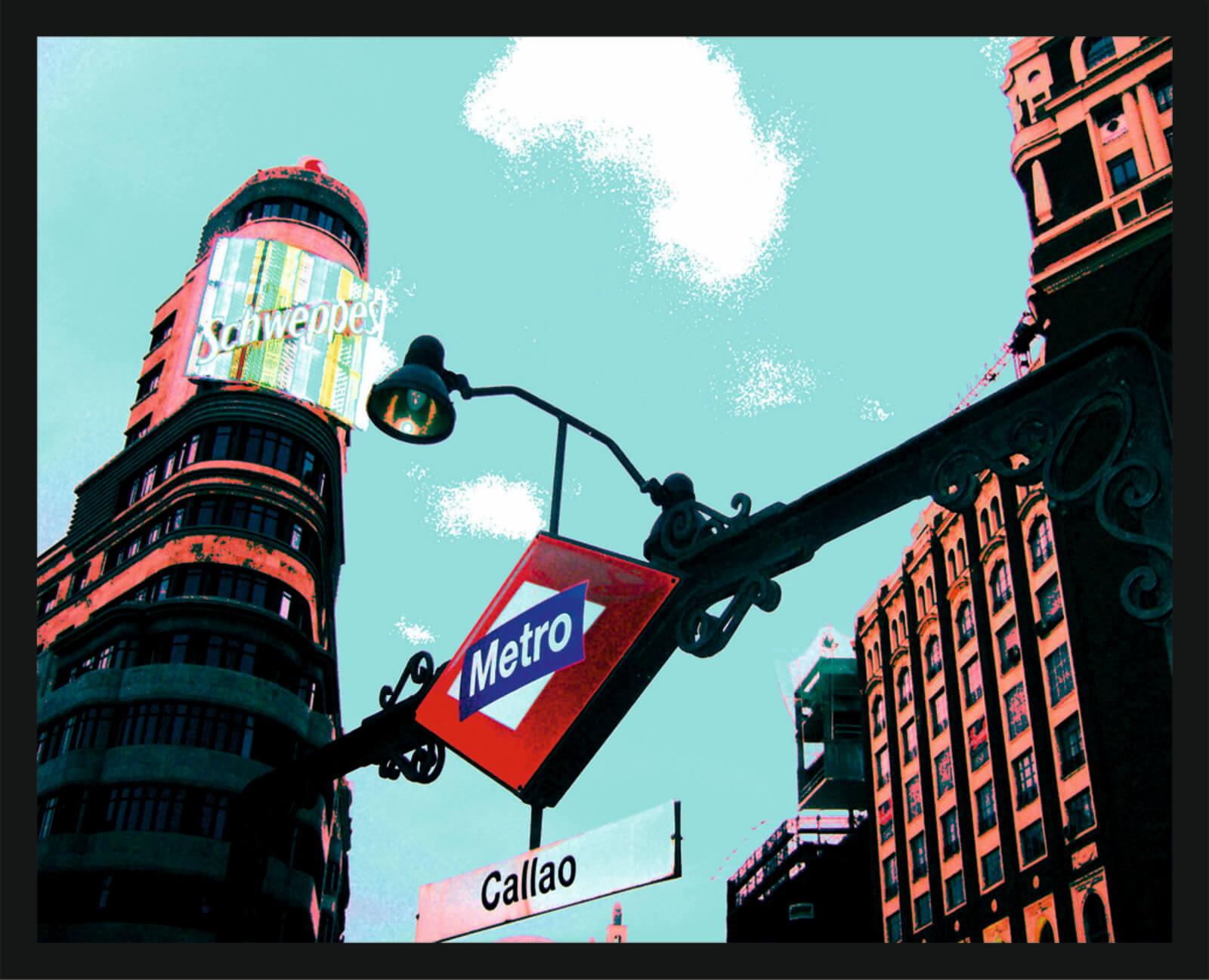 Cuadro con lámina Pop Art, Callao, Gran Vía, Madrid, Marco color Negro.