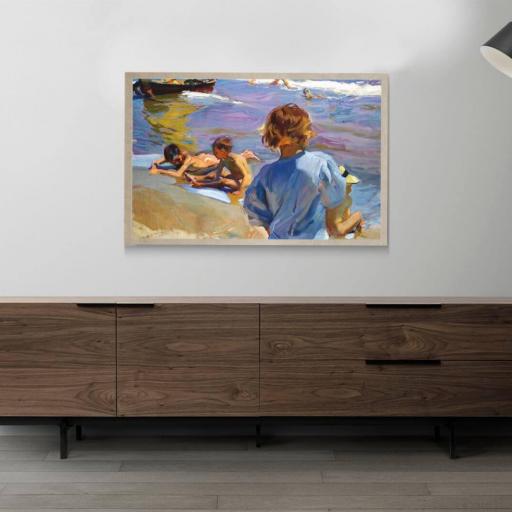 Cuadro con lámina de Sorolla Niños Playa Impresionismo, Marco color Roble. [2]
