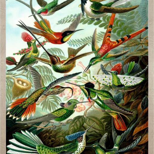 Cuadro con lienzo de Colibríes Coloridos, Ernst Haeckel Trochilidae, Marco color Roble.