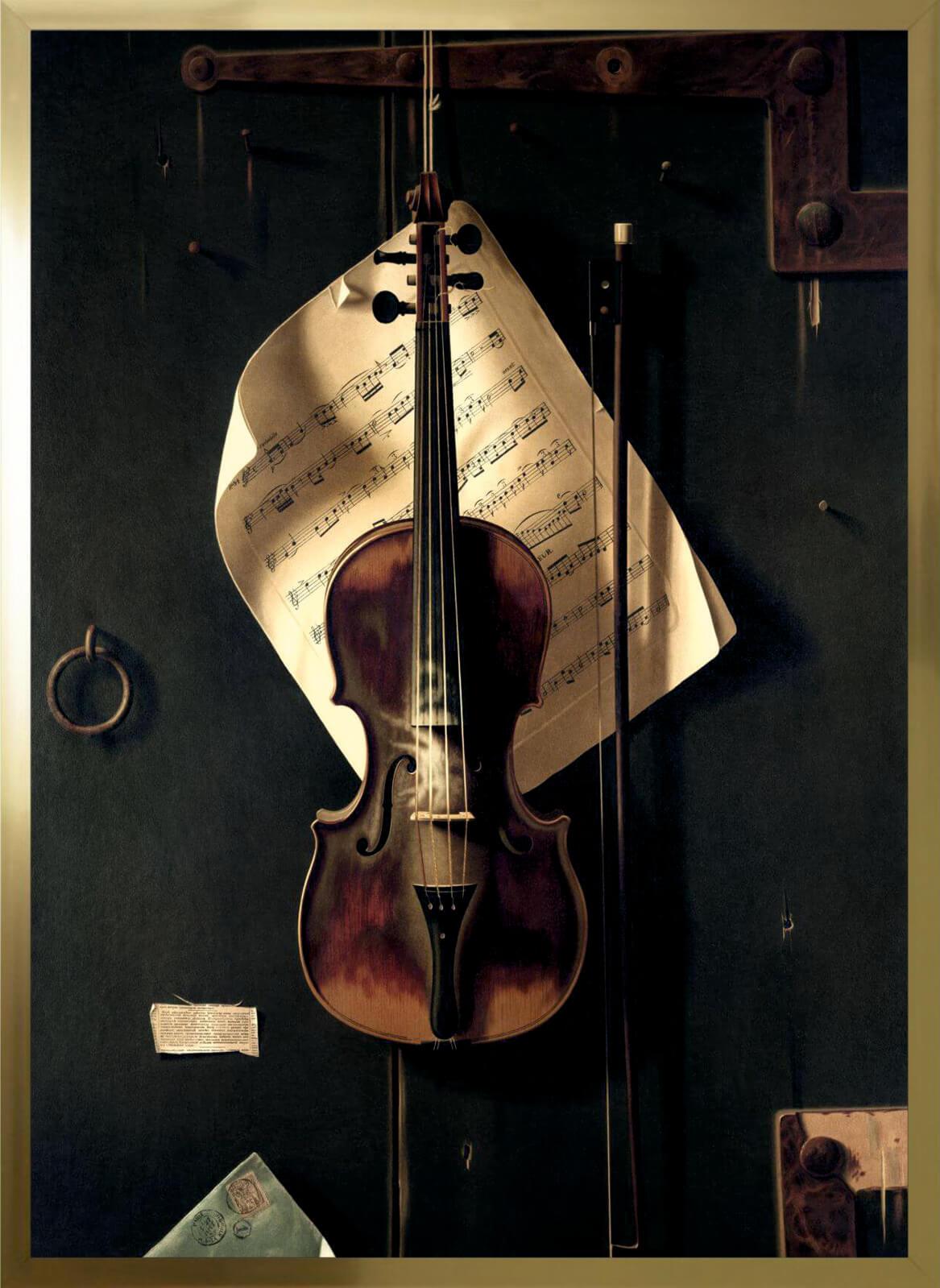 Cuadro con lámina de Partitura Musical Violin Fondo Negro, Marco color Dorado.