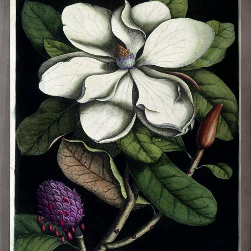 Cuadro con lámina de Flor Magnolia Fondo Negro, Interiorismo Versátil, Marco color Nogal.