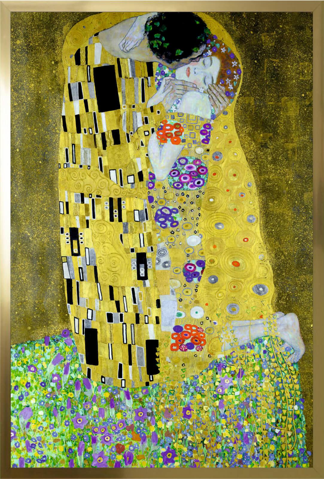 Cuadro con lámina de Gustav Klimt El Beso, Alta Resolución, Marco color Dorado.