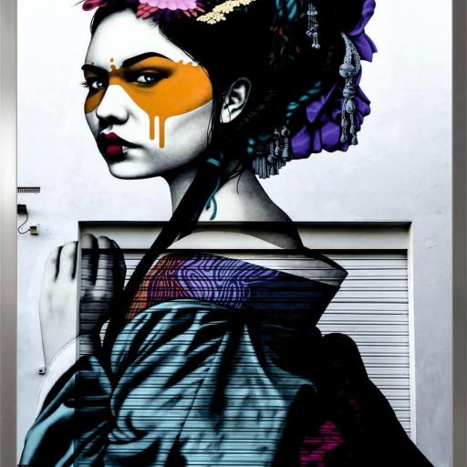 Cuadro con lámina de Graffiti Fin Dac Geisha, Arte Urbano Decorativo, Marco color Níquel. 