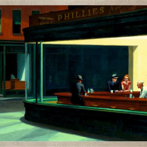 Cuadro con lámina de Edward Hopper Noctámbulos, Realismo Americano Siglo XX, Marco color Roble.