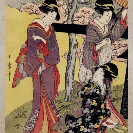 Cuadro con lámina de Figuras Femeninas Tradicionales Arte Nihonga japonés, Marco color Roble. [0]