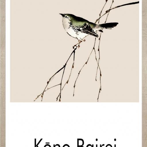 Cuadro con lámina de Pájaro Arte Japonés, Interiorismo Oriental, Marco color Roble.