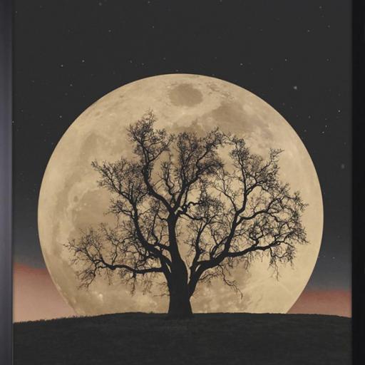 Cuadro con lámina de Luna Llena Arbol Sombreado, Arte Decorativo, Marco color Negro.
