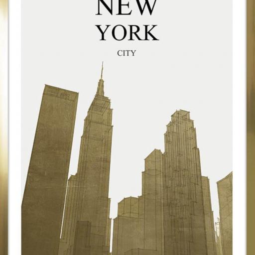 Cuadro con lámina de NY, Skyline Dorado Nueva York, Marco color Dorado.