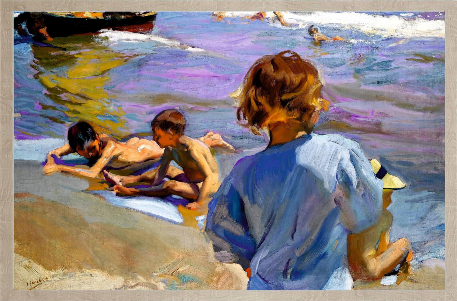 Cuadro con lámina de Sorolla Niños Playa Impresionismo, Marco color Roble.