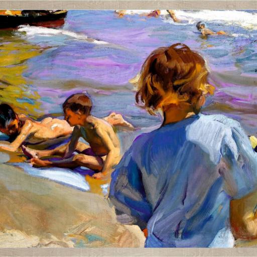 Cuadro con lámina de Sorolla Niños Playa Impresionismo, Marco color Roble.