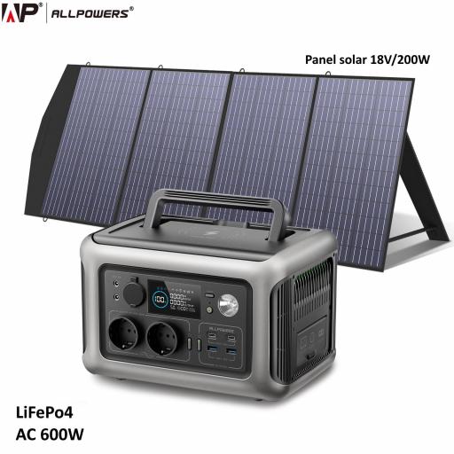 LiFeP04  ESTACIÓN DE ENERGIA PORTATIL ALLPOWERS R600, 2 salidas de CA de 600W con Panel Solar 200W [0]