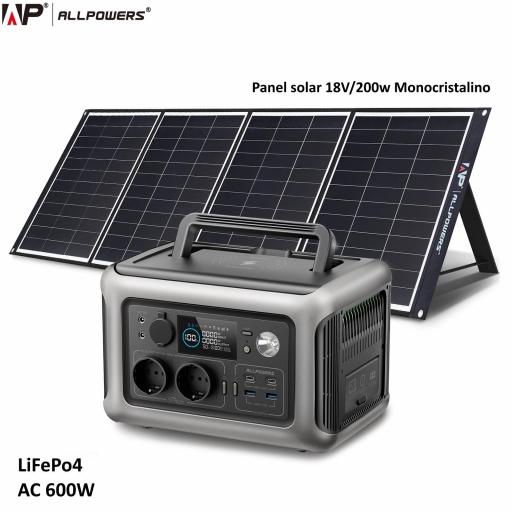 LiFeP04  ESTACIÓN DE ENERGIA PORTATIL ALLPOWERS R600, 2 salidas de CA de 600W con Panel Solar 200W Mono [0]