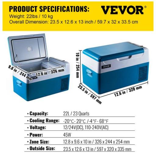 20/22L Nevera Congelador Portatil de Compresor VEVOR, 12/24V 220V, De 10℃ a -20℃ [2]