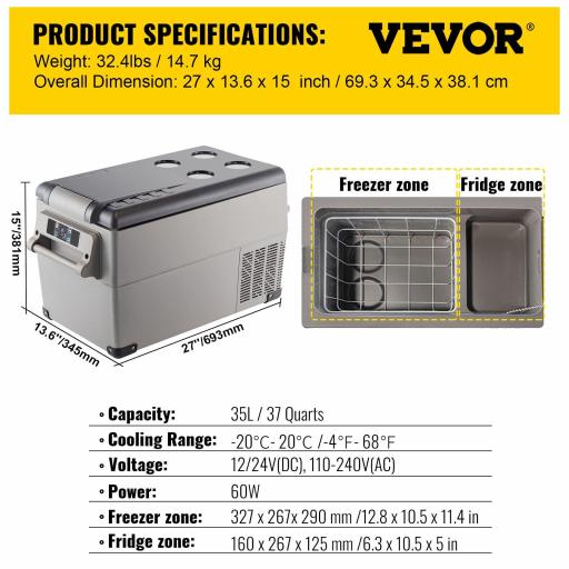 Nevera Congelador Portatil de Compresor VEVOR 35/45/55 L, 12/24V 220V, De 10℃ a -20℃ [1]