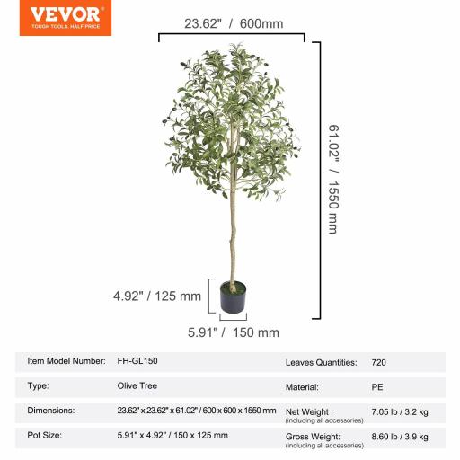 Árbol Artificial de Olivo 60 x 155 cm Planta Artificial de PE para Decoración Maceta de Árbol Verde 15 x12,5 cm Planta Falsa para Hogar, Oficina, Hotel, Centro Comercial, Interior y Exterior [3]