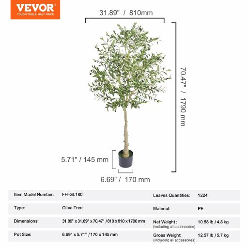 Árbol Artificial de Olivo 81 x 179cm Planta Artificial de PE para Decoración Maceta de Árbol Verde 17 x 14,5 cm Planta Falsa para Hogar, Oficina, Hotel, Centro Comercial, Interior y Exterior [3]