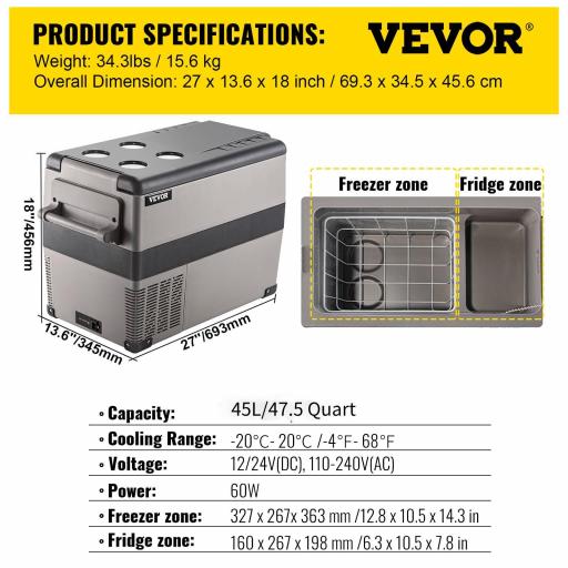 Nevera Congelador Portatil de Compresor VEVOR 35/45/55 L, 12/24V 220V, De 10℃ a -20℃ [2]