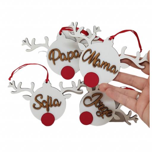 Bolas de navidad personalizadas con forma de reno. Producto artesanal